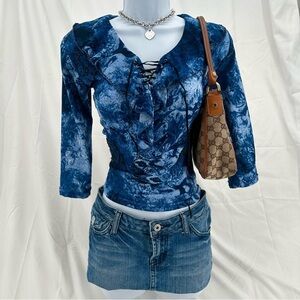 Whimsical Euro Style Y2K Blue Floral Beaded Lace Up 3/4 Sleeve Blouse